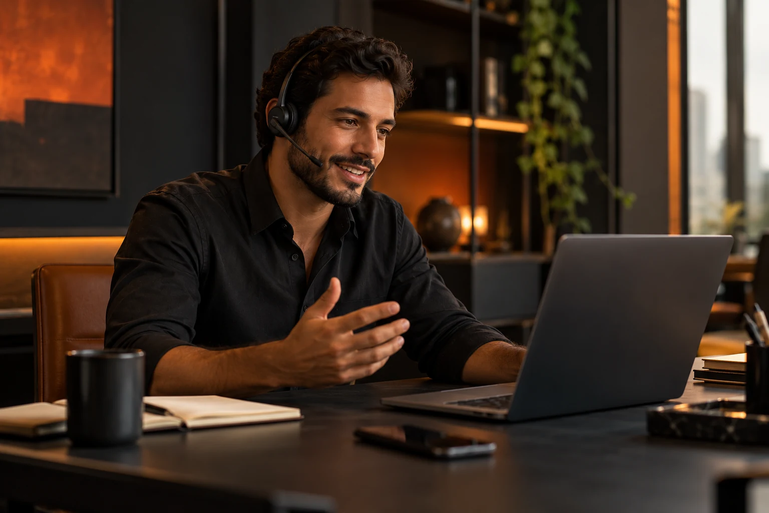 Profissional de atendimento conversando com um cliente