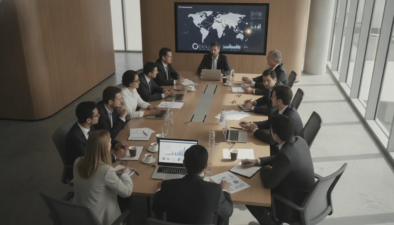 Executivos em reunião de negócios com mapa mundial ao fundo | Imagine Company - Agência de Marketing e Vendas em Goiânia - GO - BRASIL