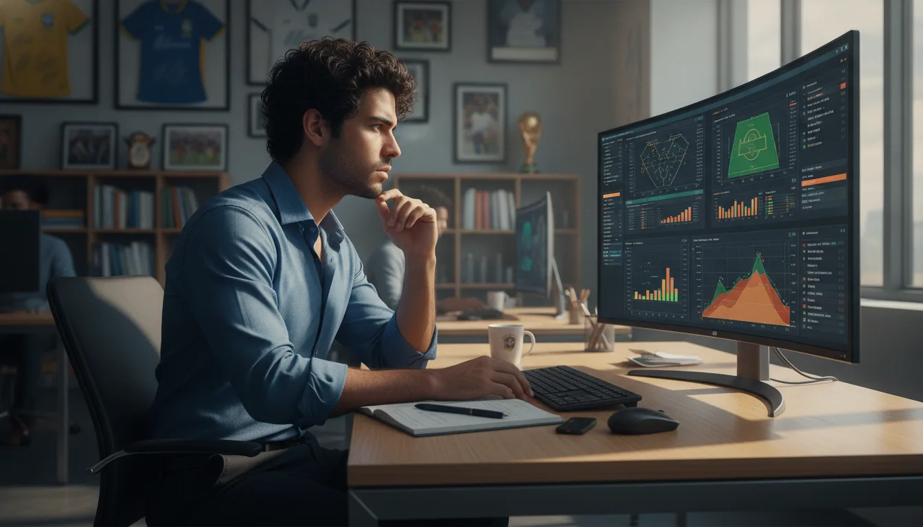 Homem em escritório analisando gráficos esportivos em monitor duplo | Imagine Company - Agência de Marketing e Vendas em Goiânia - GO - BRASIL