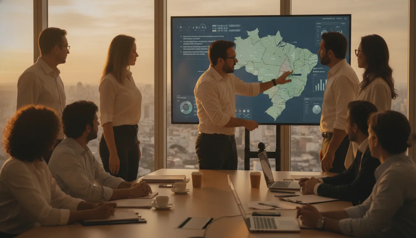 Grupo analisa mapa do Brasil em tela para estratégia eleitoral de 2026 | Imagine Company - Agência de Marketing e Vendas em Goiânia - GO - BRASIL
