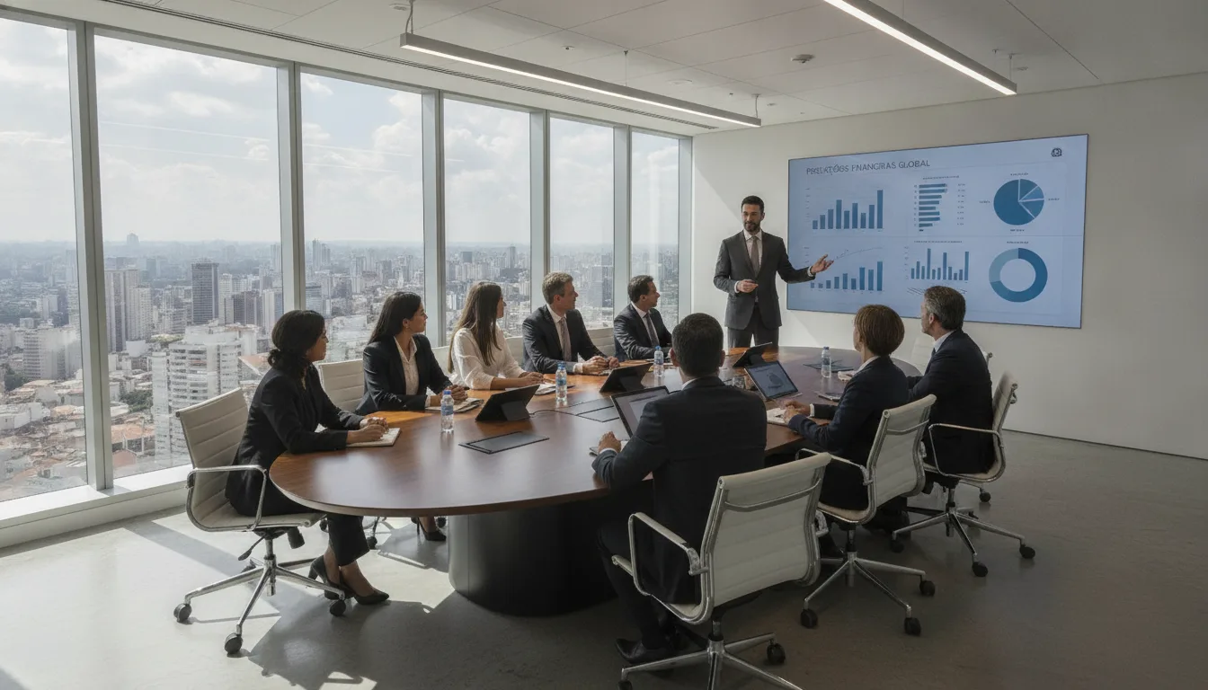 Executivos em reunião analisando gráficos financeiros em tela grande | Imagine Company - Agência de Marketing e Vendas em Goiânia - GO - BRASIL