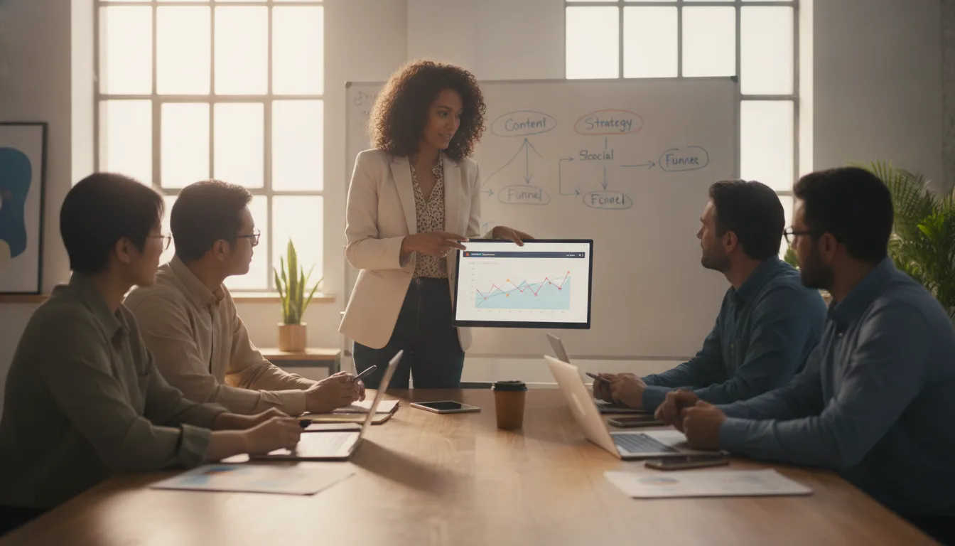 Mulher apresenta gráficos de SEO em reunião de negócios com equipe. | Imagine Company - Agência de Marketing e Vendas em Goiânia - GO - BRASIL