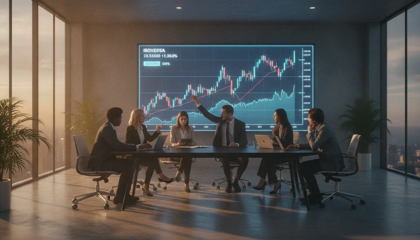 Grupo de executivos em reuniao analisando graficos de acoes do Ibovespa em sala de reuniao moderna | Imagine Company - Agência de Marketing e Vendas em Goiânia - GO - BRASIL