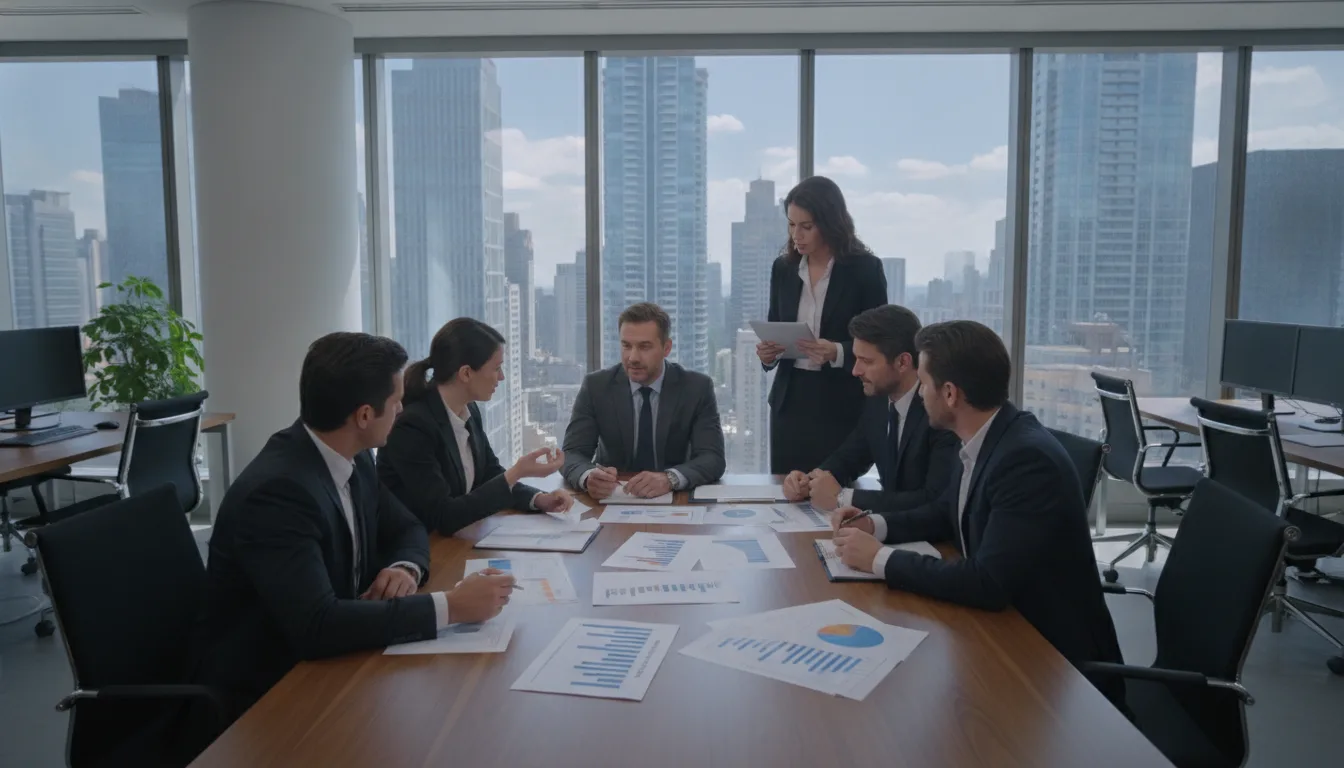 Grupo de empresários em reunião sobre reforma tributária com gráficos na mesa | Imagine Company - Agência de Marketing e Vendas em Goiânia - GO - BRASIL