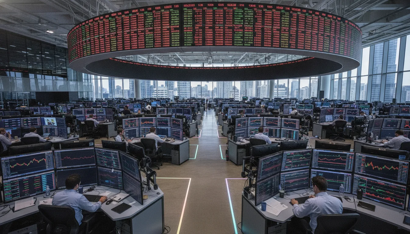 Traders em uma sala de operações com múltiplos monitores exibindo gráficos financeiros | Imagine Company - Agência de Marketing e Vendas em Goiânia - GO - BRASIL