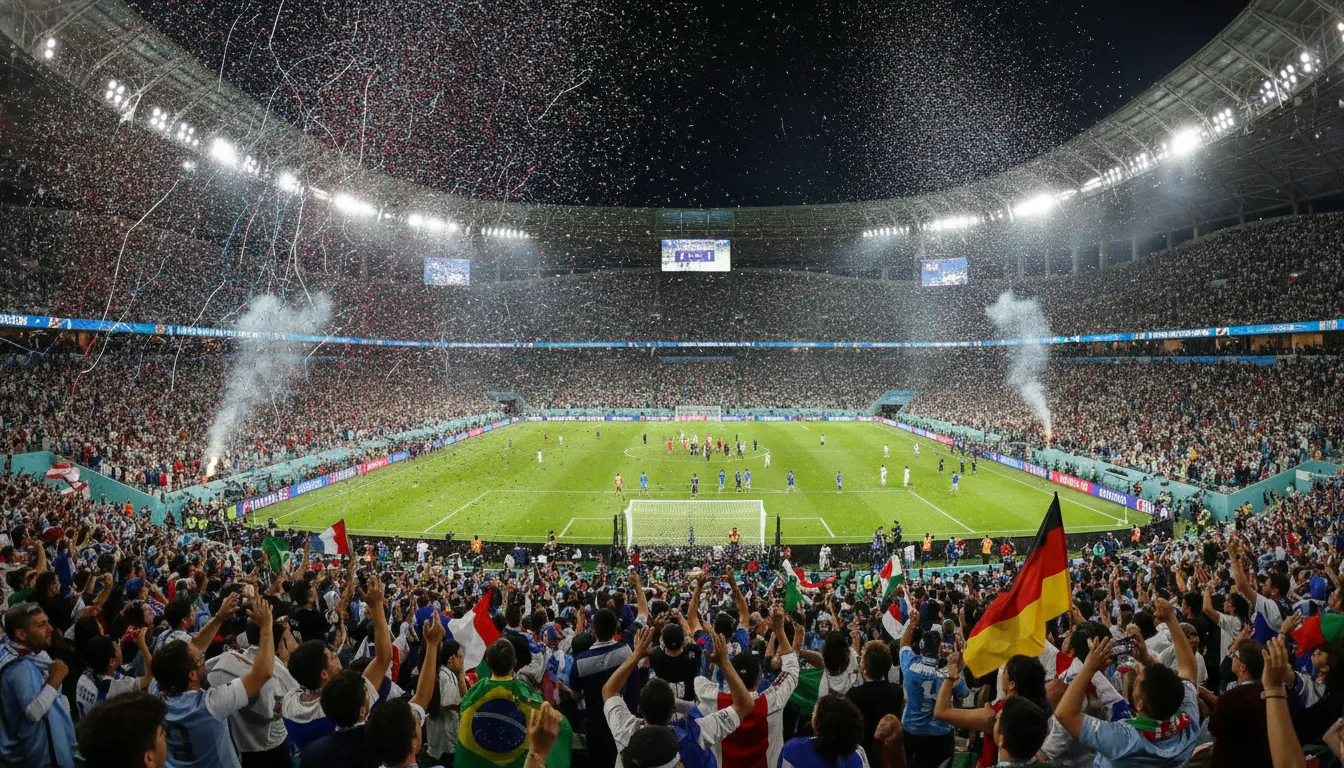 Torcedores celebram em estádio lotado durante a Copa com bandeiras de campeões. | Imagine Company - Agência de Marketing e Vendas em Goiânia - GO - BRASIL