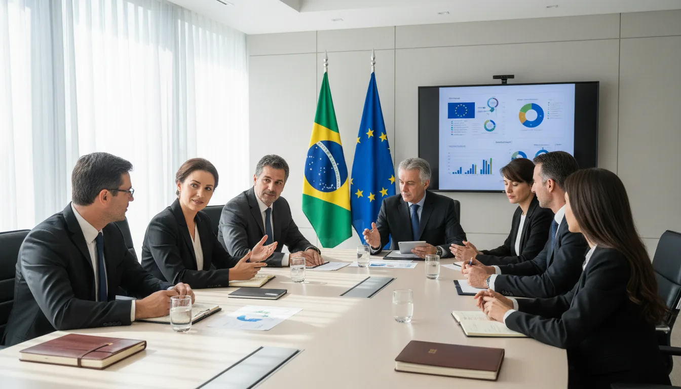 Executivos em reunião sobre Acordo Mercosul-UE com gráficos ao fundo | Imagine Company - Agência de Marketing e Vendas em Goiânia - GO - BRASIL