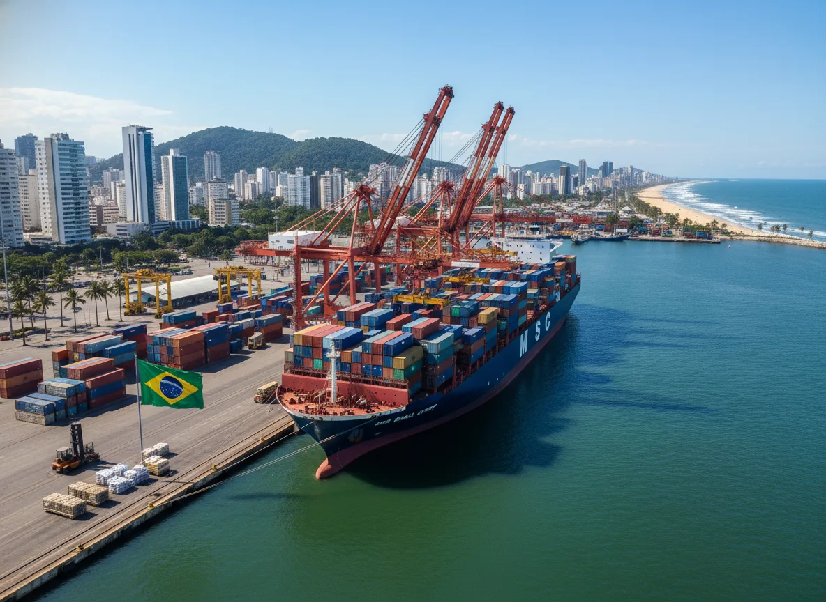 Navio carregado no porto de Santos, Brasil, com bandeira brasileira ao fundo | Imagine Company - Agência de Marketing e Vendas em Goiânia - GO - BRASIL