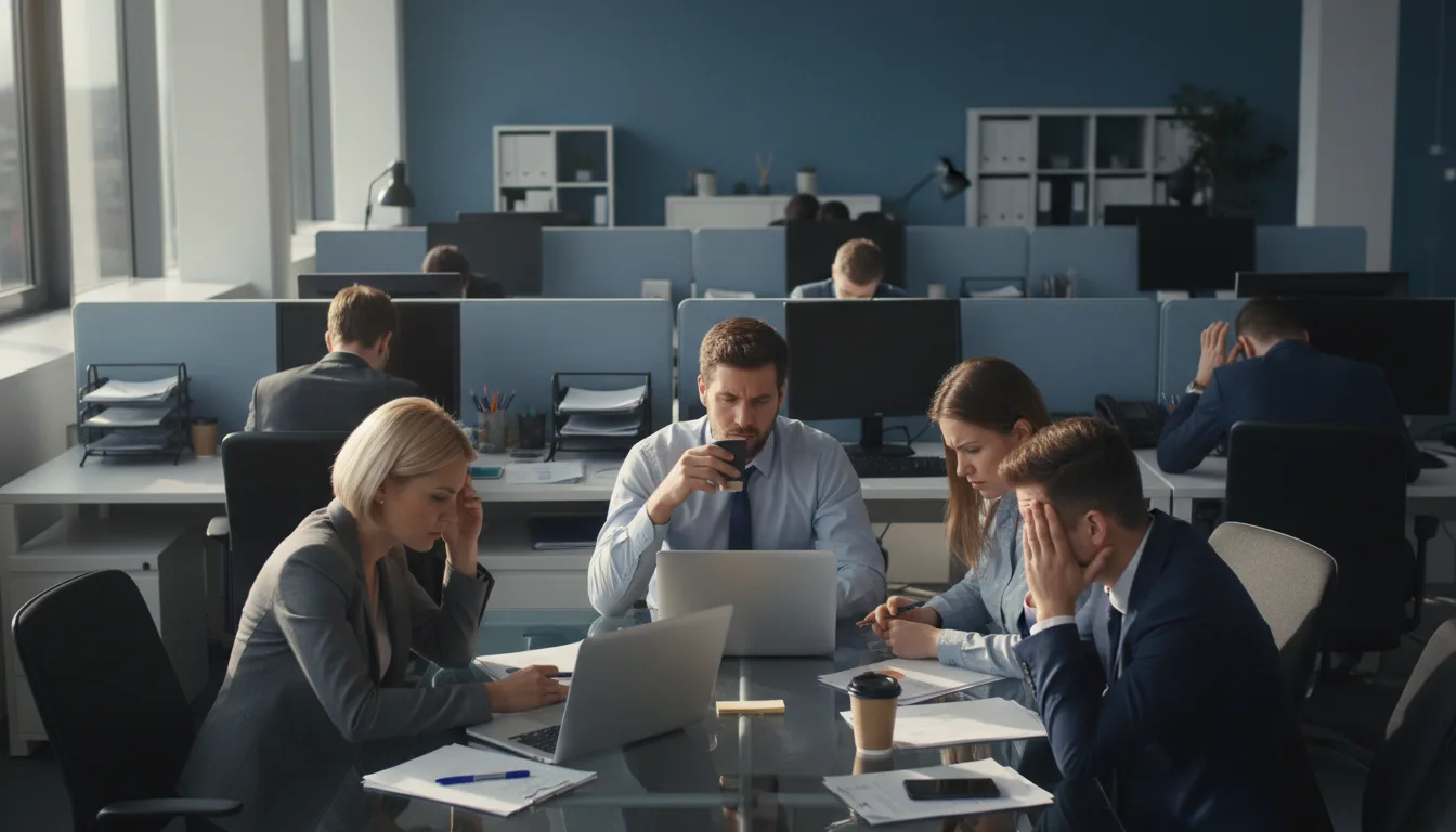 Profissionais de escritório em reunião, aparentando estresse e cansaço | Imagine Company - Agência de Marketing e Vendas em Goiânia - GO - BRASIL