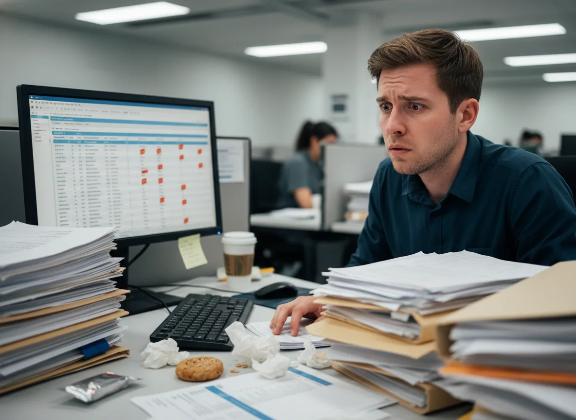 Homem preocupado em frente ao computador no escritório, cercado por pilhas de documentos | Imagine Company - Agência de Marketing e Vendas em Goiânia - GO - BRASIL