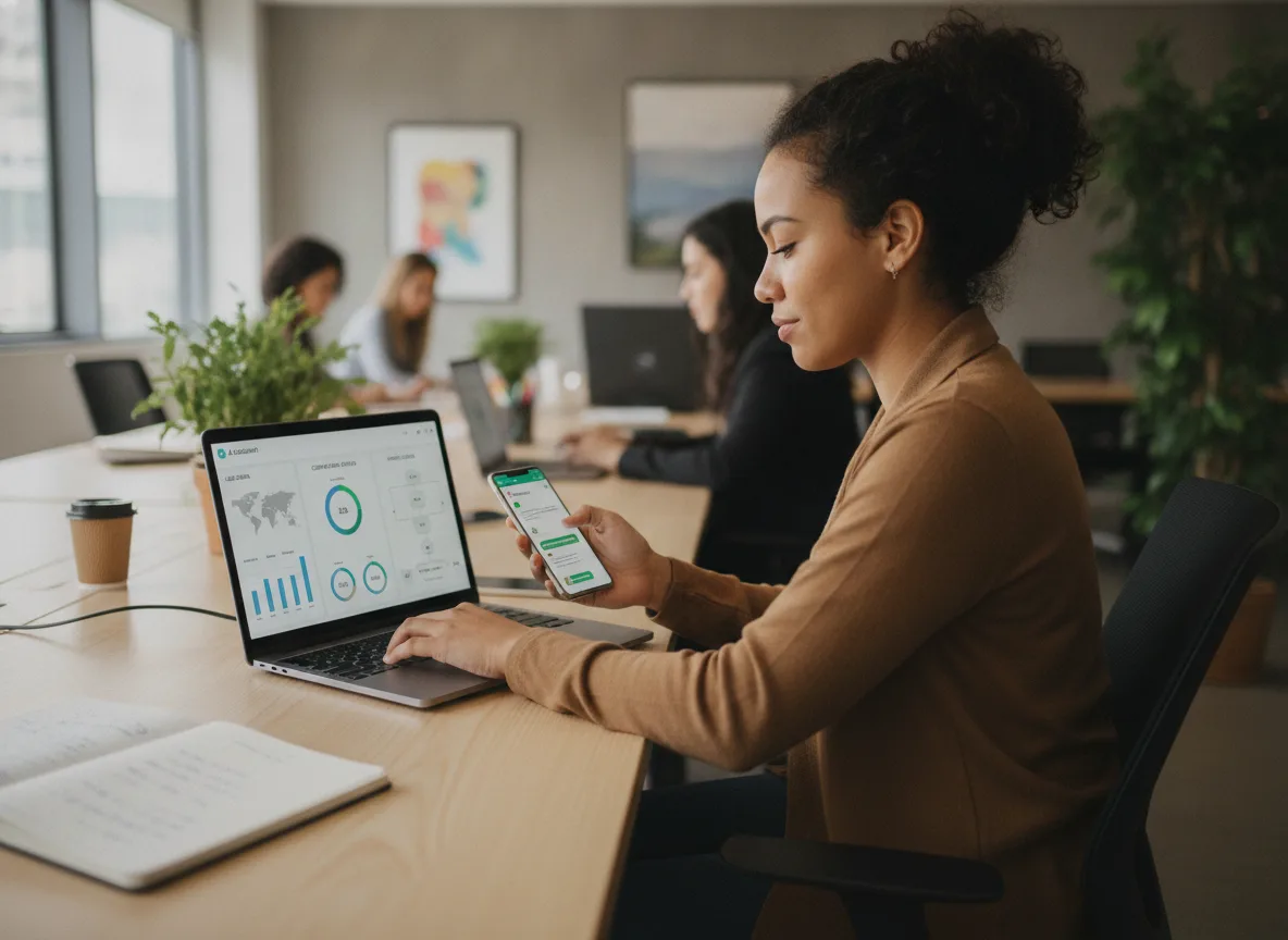 Mulher em escritório usando laptop e smartphone para atendimento ao cliente | Imagine Company - Agência de Marketing e Vendas em Goiânia - GO - BRASIL