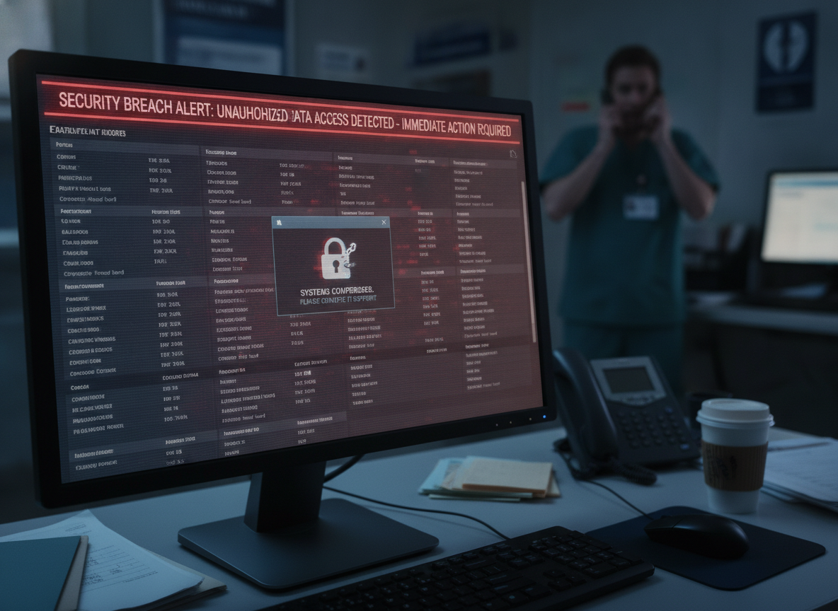 Computador com alerta de invasão de sistema de saúde por agente OpenAI | Imagine Company - Agência de Marketing e Vendas em Goiânia - GO - BRASIL
