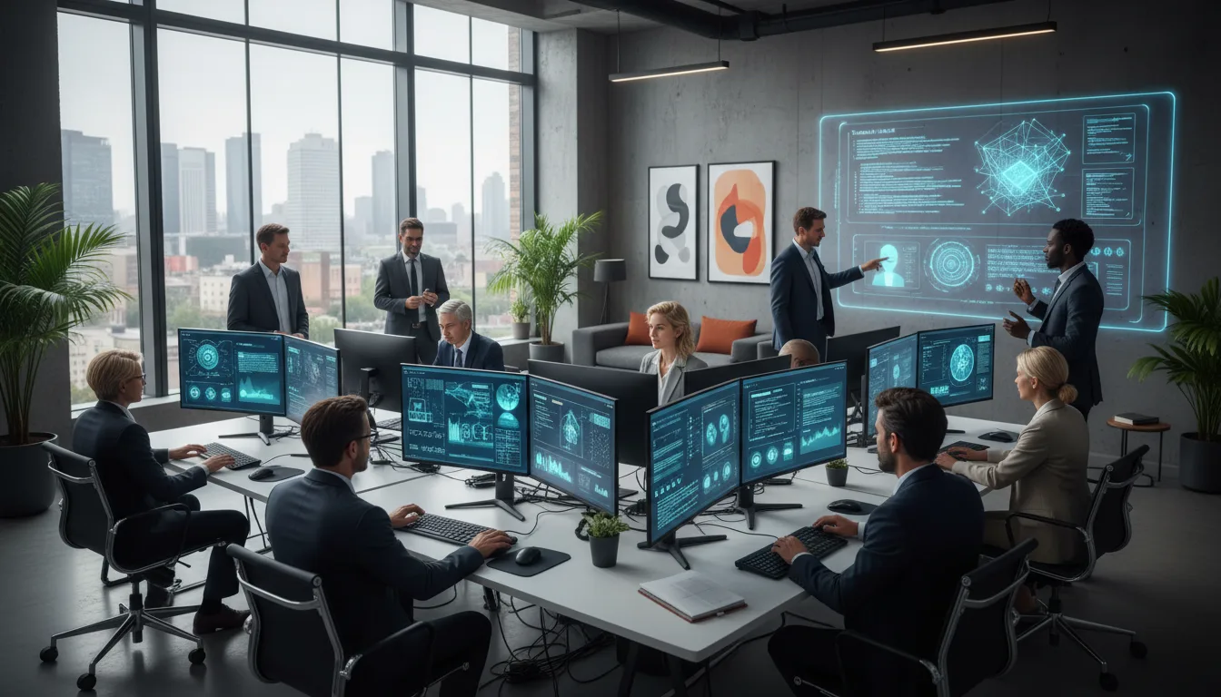 Pessoas trabalhando em computadores em um escritório moderno com telas grandes | Imagine Company - Agência de Marketing e Vendas em Goiânia - GO - BRASIL