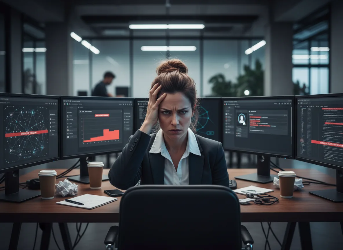 Mulher em escritório moderno com múltiplos monitores e expressão preocupada | Imagine Company - Agência de Marketing e Vendas em Goiânia - GO - BRASIL