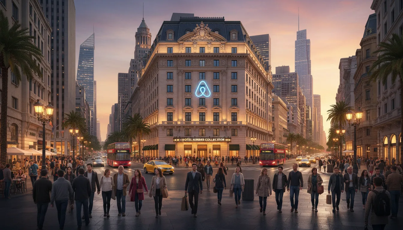 Fachada de hotel com logo do Airbnb em cidade movimentada ao entardecer | Imagine Company - Agência de Marketing e Vendas em Goiânia - GO - BRASIL