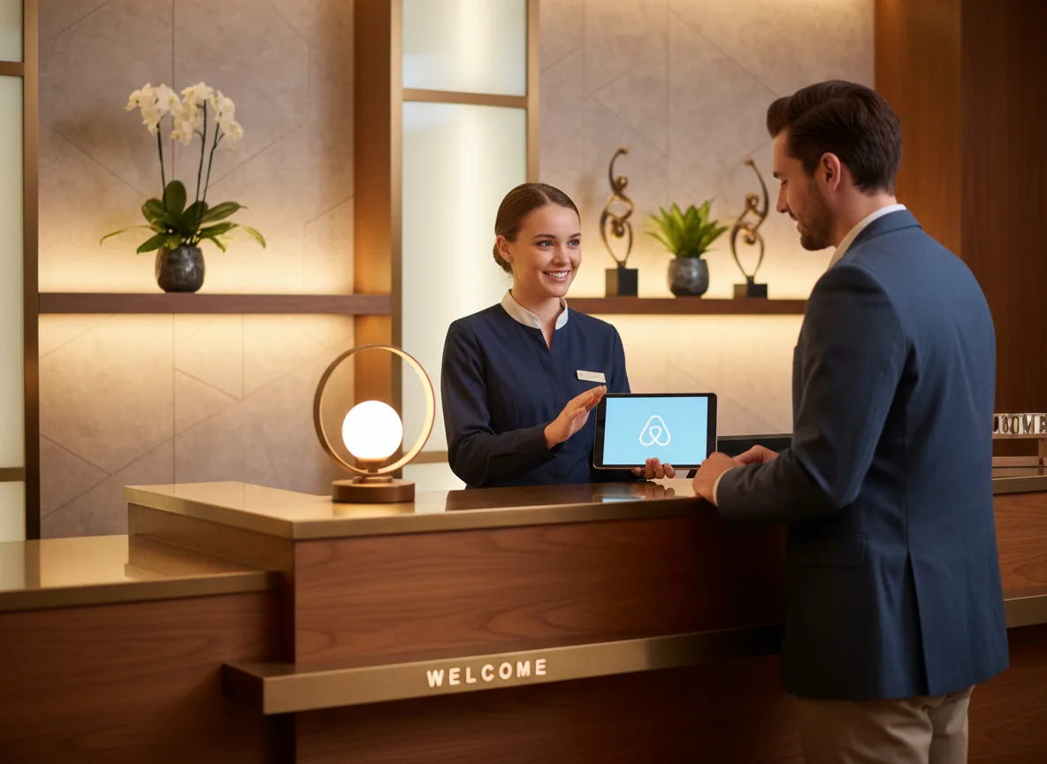 Recepcionista de hotel com tablet exibindo logo do Airbnb para cliente. | Imagine Company - Agência de Marketing e Vendas em Goiânia - GO - BRASIL