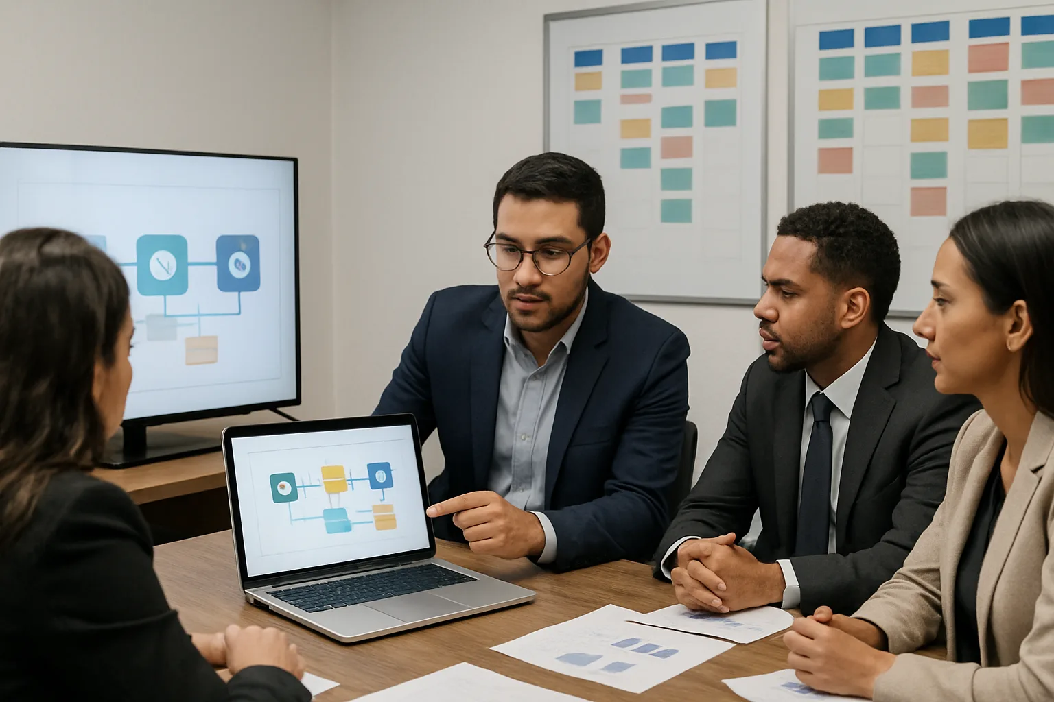 Grupo de profissionais em reunião analisando gráficos de IA em um laptop | Imagine Company - Agência de Marketing e Vendas em Goiânia - GO - BRASIL