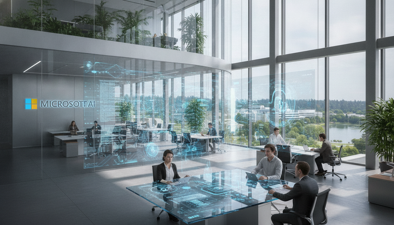 Escritório da Microsoft com hologramas de IA e pessoas discutindo riscos | Imagine Company - Agência de Marketing e Vendas em Goiânia - GO - BRASIL