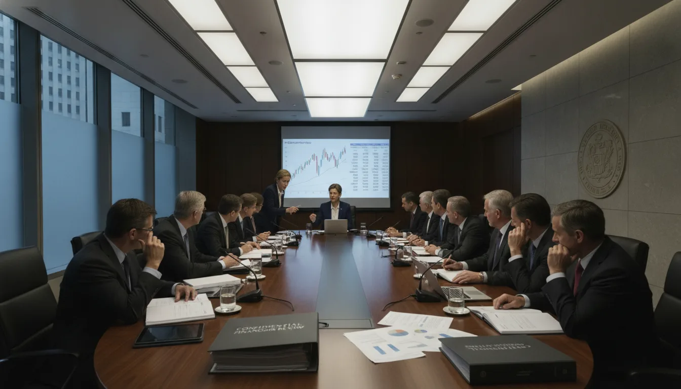 Executivos em reunião analisando gráficos e dados fiscais em sala de conferências | Imagine Company - Agência de Marketing e Vendas em Goiânia - GO - BRASIL
