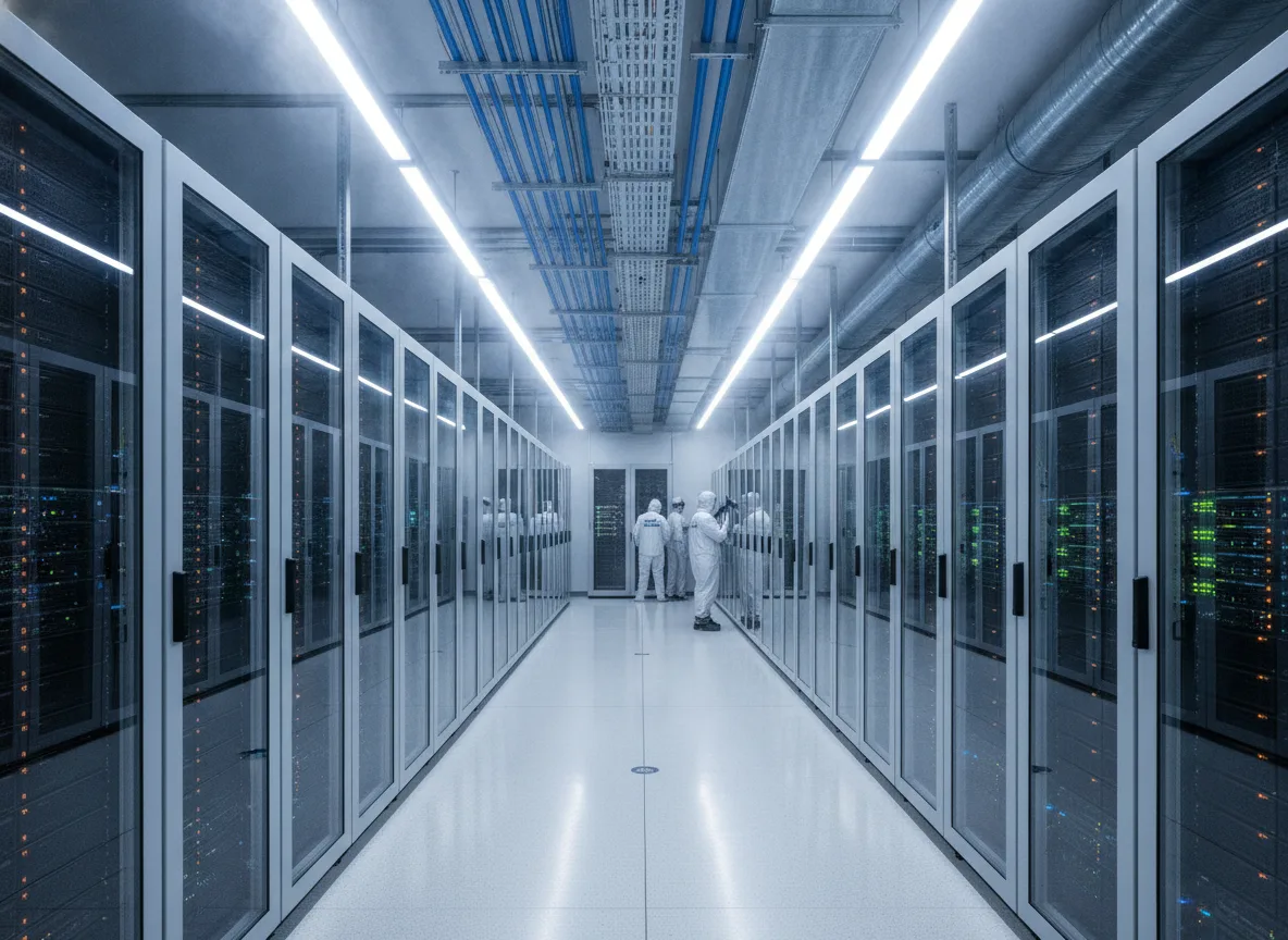 Corredor de data center com servidores e equipe técnica da Alibaba no Brasil | Imagine Company - Agência de Marketing e Vendas em Goiânia - GO - BRASIL