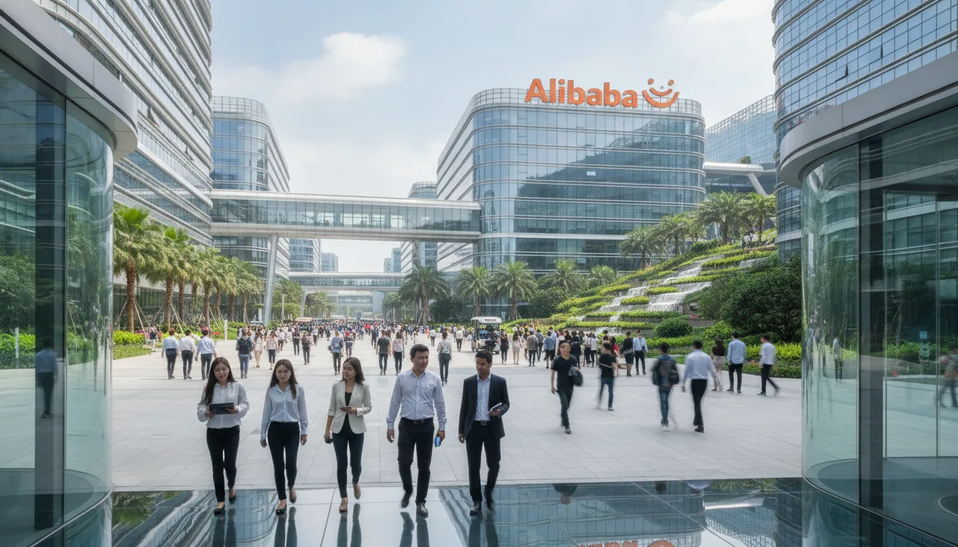Funcionários caminham na sede moderna do Alibaba | Imagine Company - Agência de Marketing e Vendas em Goiânia - GO - BRASIL