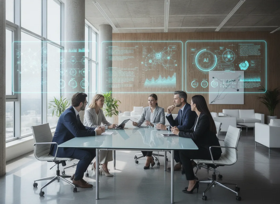 Executivos em reunião com gráficos de dados digitais ao fundo | Imagine Company - Agência de Marketing e Vendas em Goiânia - GO - BRASIL