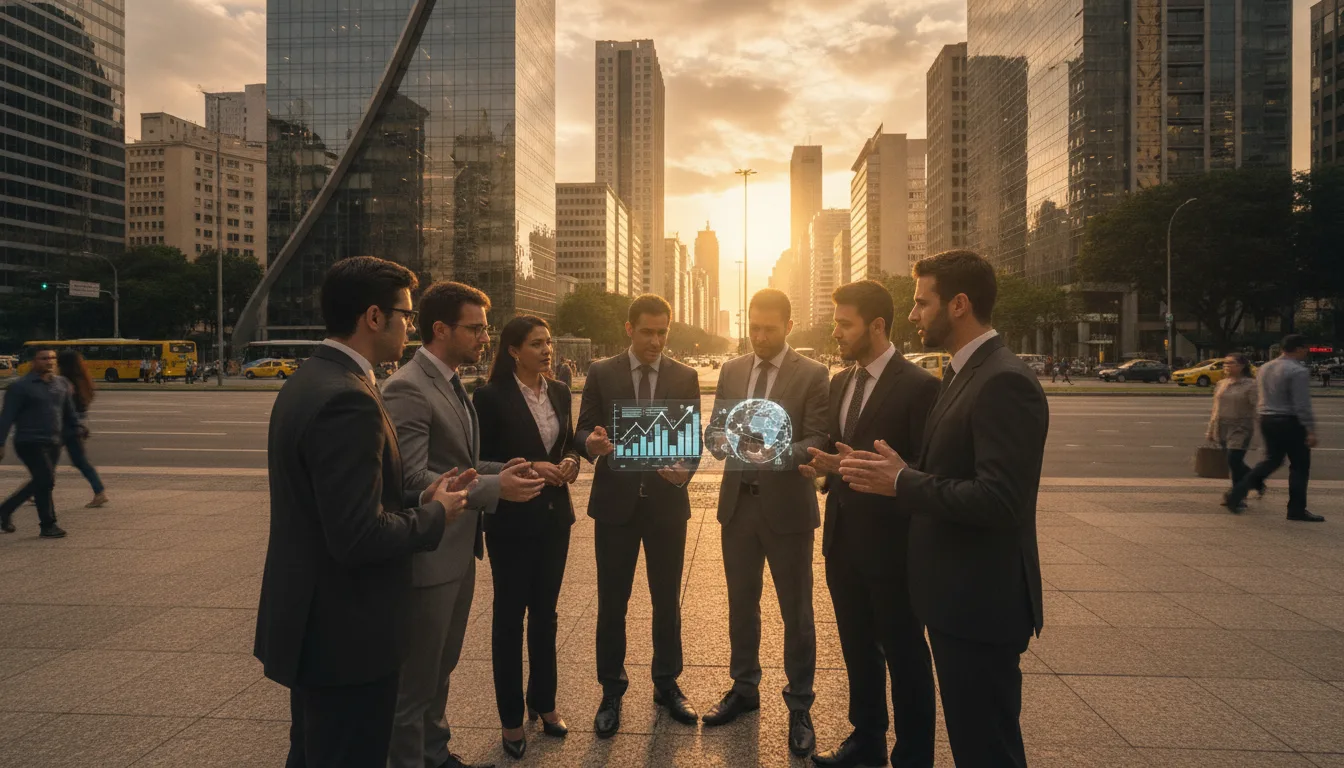Executivos em trajes formais discutindo finanças com gráficos digitais na cidade | Imagine Company - Agência de Marketing e Vendas em Goiânia - GO - BRASIL
