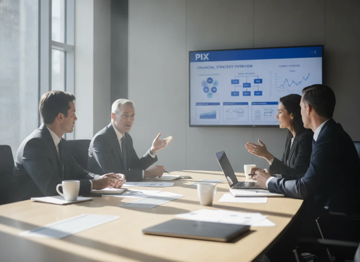 Executivos em reunião analisando gráficos financeiros com destaque para o Pix | Imagine Company - Agência de Marketing e Vendas em Goiânia - GO - BRASIL
