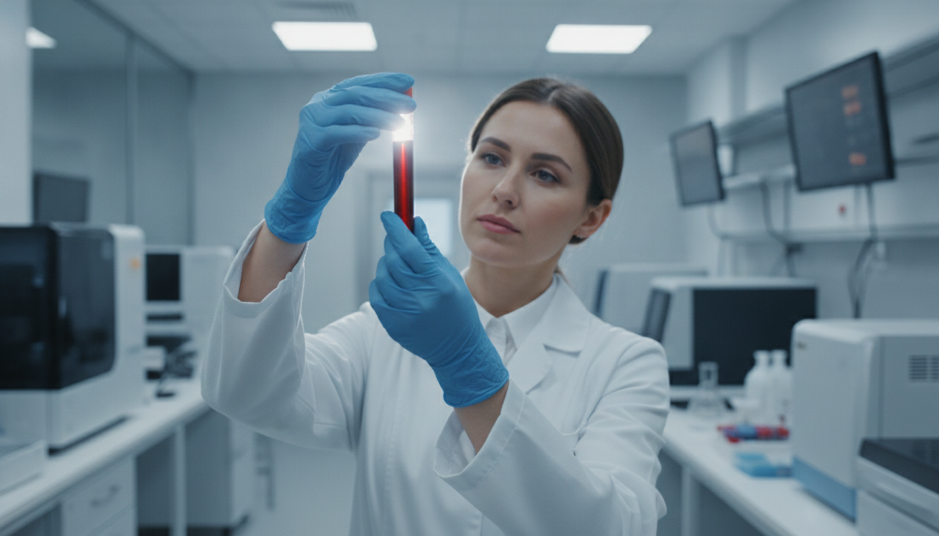 Cientista em laboratório examinando amostra de sangue para Alzheimer | Imagine Company - Agência de Marketing e Vendas em Goiânia - GO - BRASIL