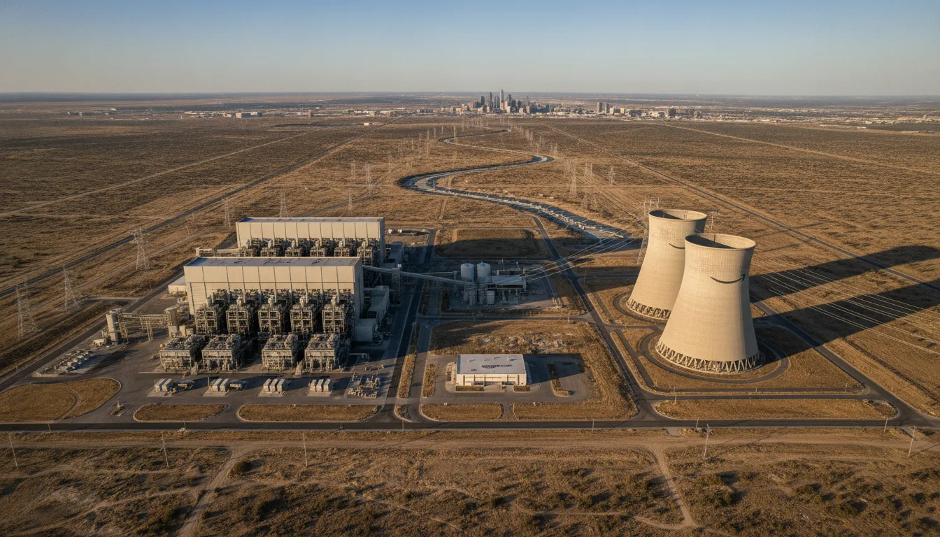 Imagem aérea de uma usina a gás com torres de resfriamento e instalações industriais | Imagine Company - Agência de Marketing e Vendas em Goiânia - GO - BRASIL