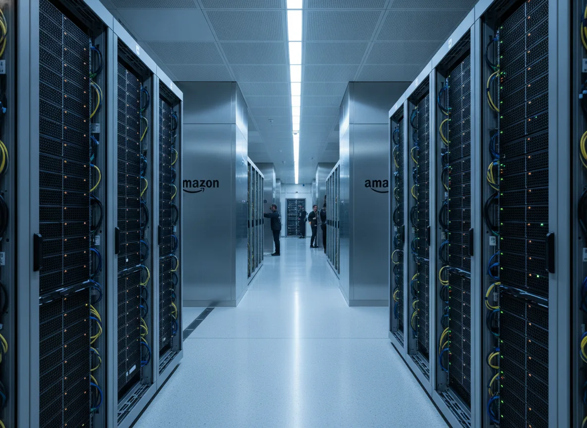 Corredor de data center da Amazon com servidores e infraestrutura tecnológica | Imagine Company - Agência de Marketing e Vendas em Goiânia - GO - BRASIL