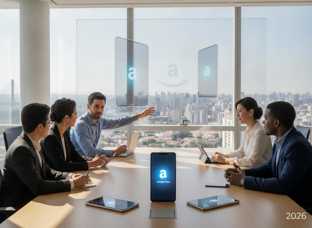 Equipe em reunião discutindo planos da Amazon para smartphones em 2026 | Imagine Company - Agência de Marketing e Vendas em Goiânia - GO - BRASIL