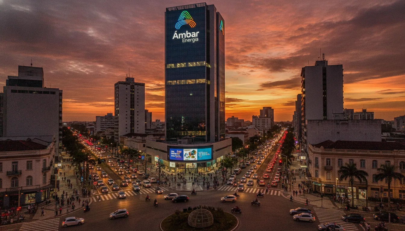 Vista do prédio da Âmbar Energia ao pôr do sol em cidade movimentada | Imagine Company - Agência de Marketing e Vendas em Goiânia - GO - BRASIL