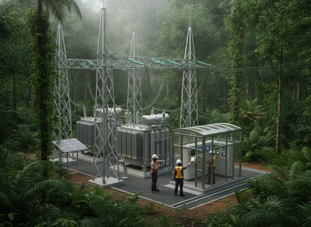 Usina de energia no Amazonas com trabalhadores e vegetação densa | Imagine Company - Agência de Marketing e Vendas em Goiânia - GO - BRASIL