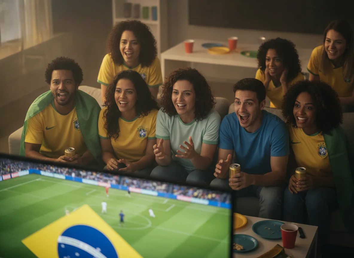 Grupo de torcedores brasileiros assistindo jogo de futebol na TV | Imagine Company - Agência de Marketing e Vendas em Goiânia - GO - BRASIL