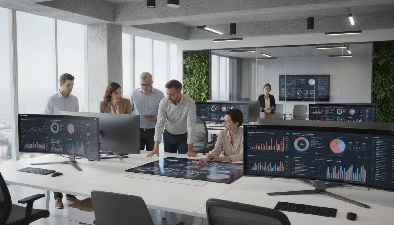 Equipe em escritório moderno analisando gráficos de dados em monitores para melhorar ROI | Imagine Company - Agência de Marketing e Vendas em Goiânia - GO - BRASIL