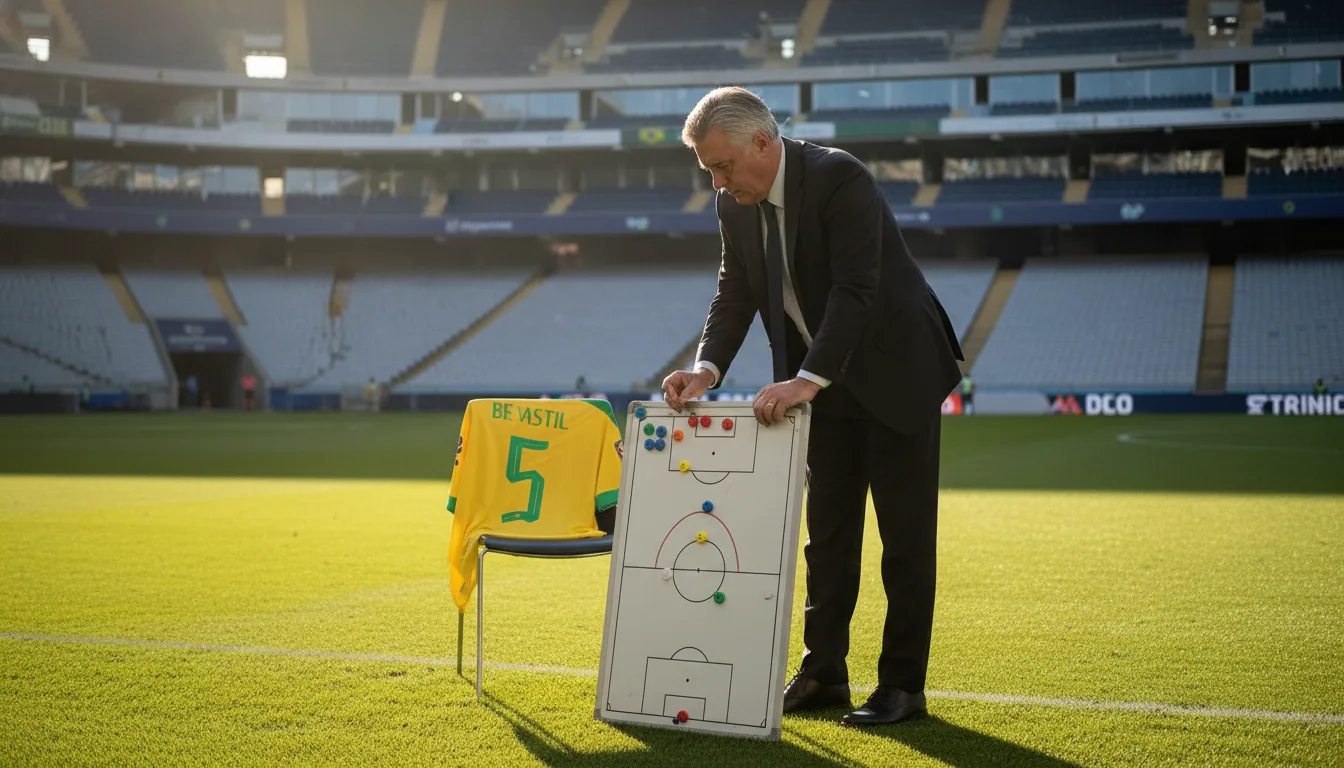 Carlo Ancelotti com prancheta tática ao lado de camisa da Seleção Brasileira em estádio vazio | Imagine Company - Agência de Marketing e Vendas em Goiânia - GO - BRASIL