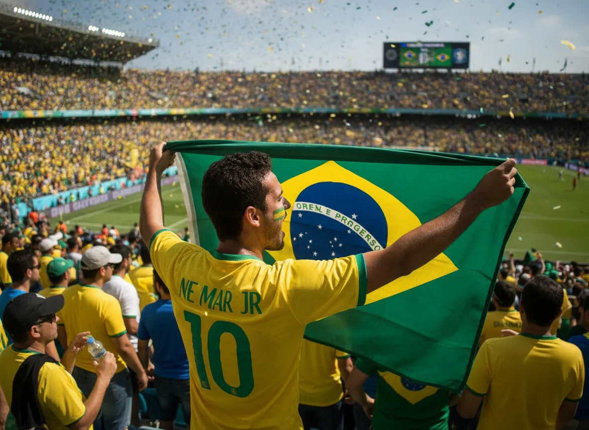 Homem com camisa de Neymar e bandeira do Brasil em estádio. | Imagine Company - Agência de Marketing e Vendas em Goiânia - GO - BRASIL