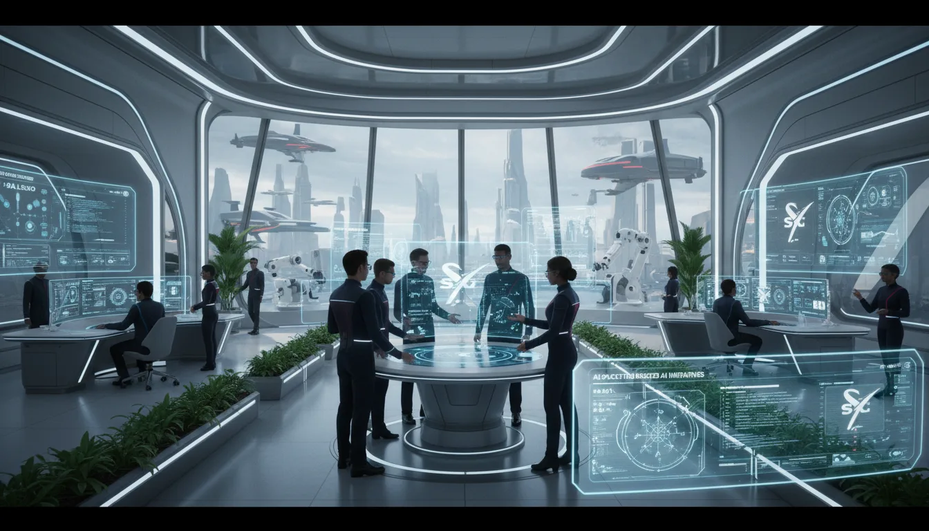 Pessoas em sala futurista da SpaceX analisam dados de IA em telas holográficas | Imagine Company - Agência de Marketing e Vendas em Goiânia - GO - BRASIL