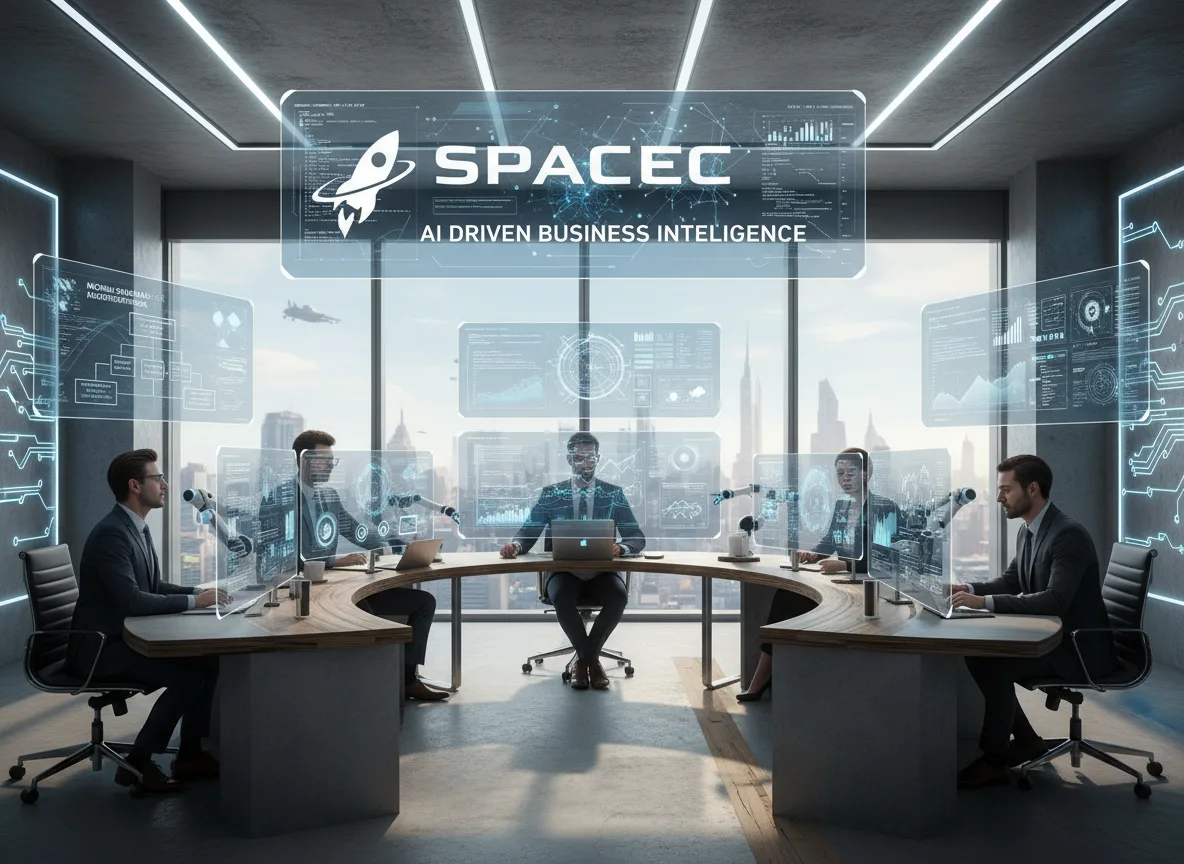 Executivos em sala de reunião futurista com tecnologia IA da SpaceX | Imagine Company - Agência de Marketing e Vendas em Goiânia - GO - BRASIL