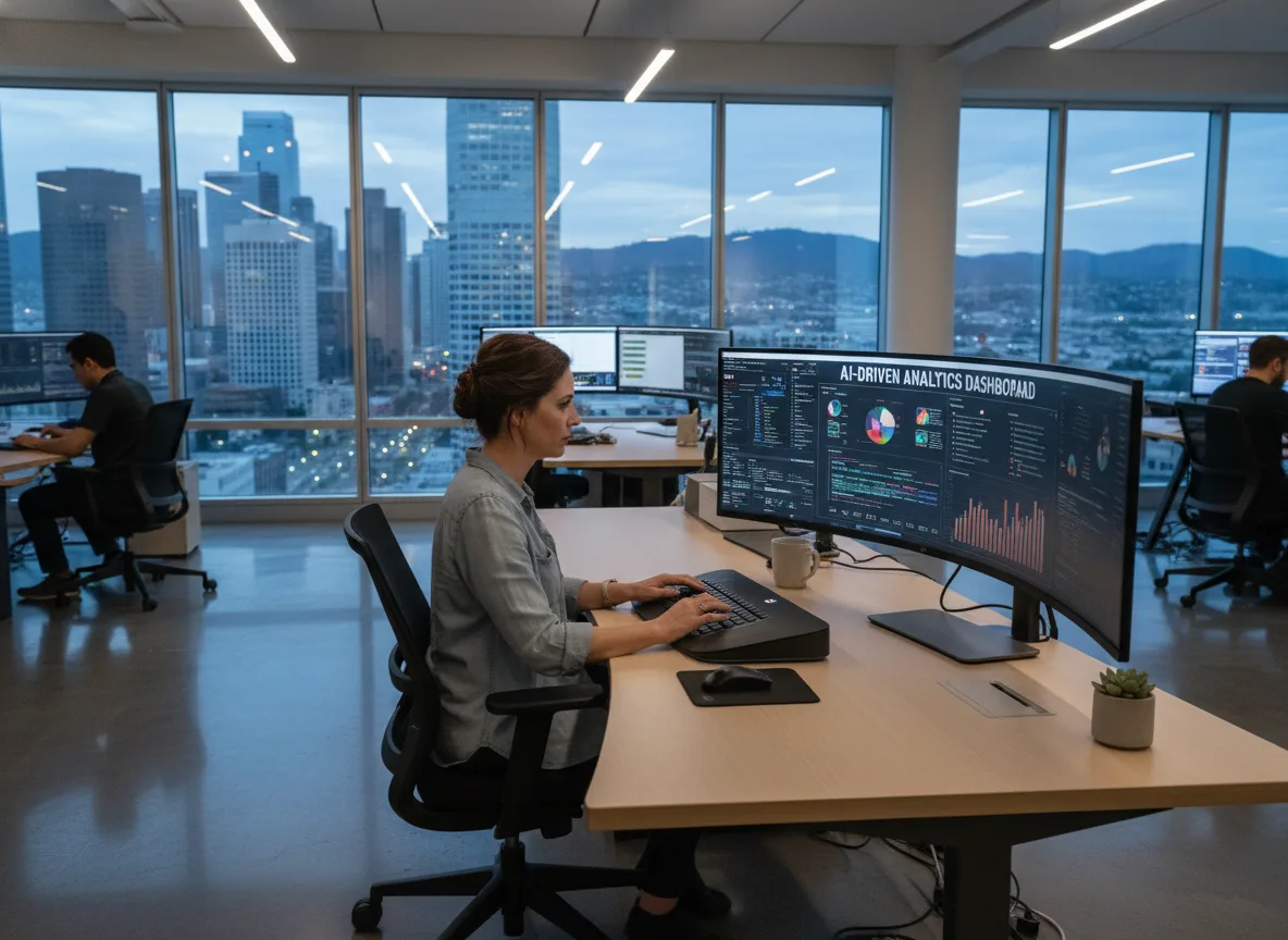 Pessoa trabalhando em computador com IA em escritório moderno | Imagine Company - Agência de Marketing e Vendas em Goiânia - GO - BRASIL