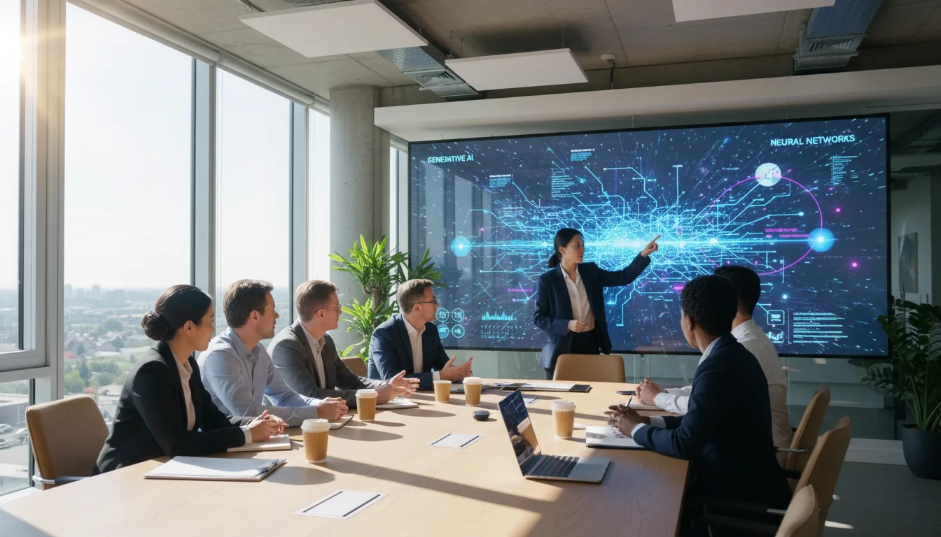 Pessoas em reunião com apresentação de sistema de IA em tela grande | Imagine Company - Agência de Marketing e Vendas em Goiânia - GO - BRASIL