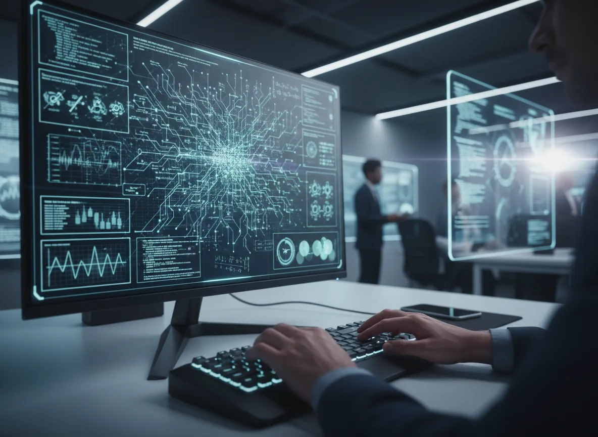 Homem usando computador com gráficos de IA em tela | Imagine Company - Agência de Marketing e Vendas em Goiânia - GO - BRASIL