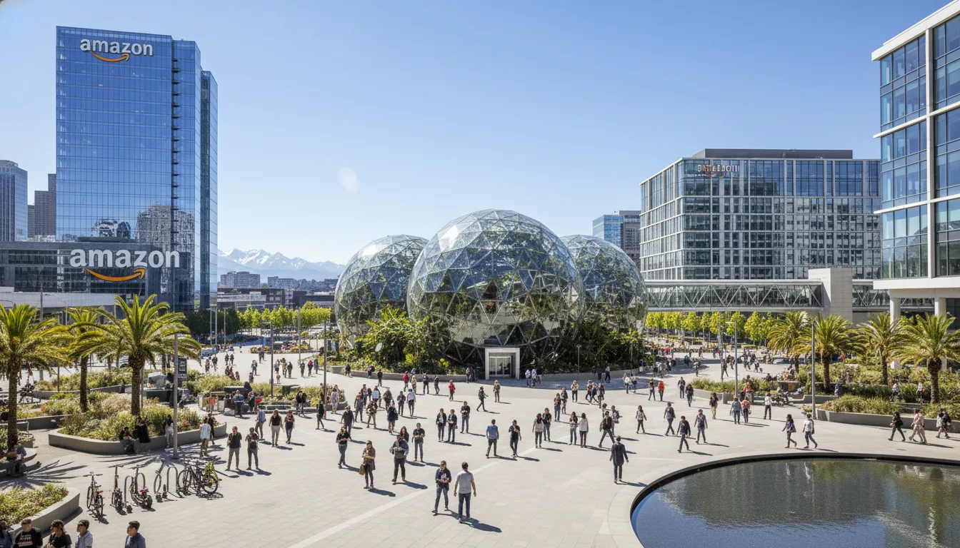 Sede da Amazon com pessoas ao redor, simbolizando acordo em IA | Imagine Company - Agência de Marketing e Vendas em Goiânia - GO - BRASIL