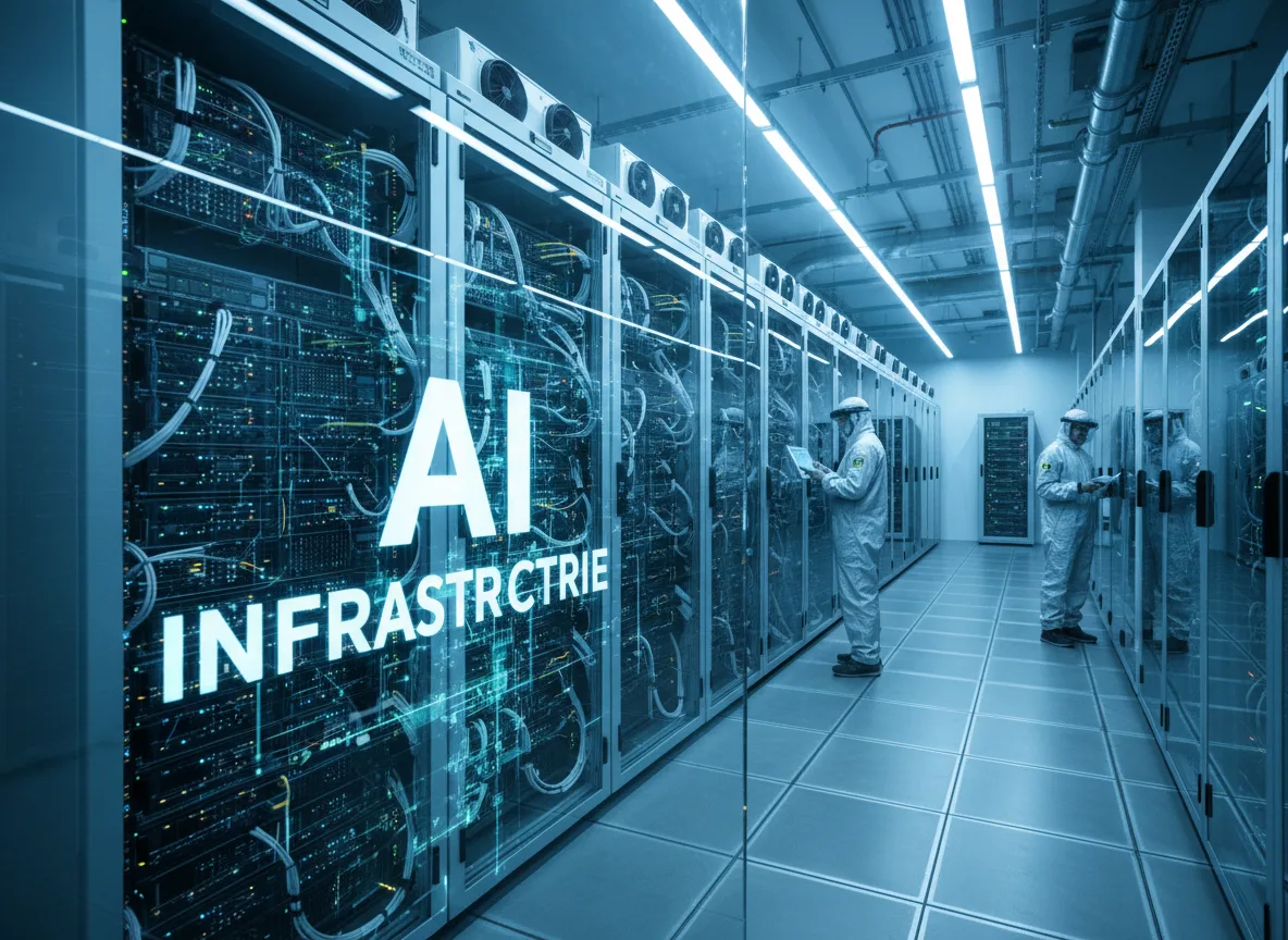 Centro de dados com servidores de IA e técnicos trabalhando | Imagine Company - Agência de Marketing e Vendas em Goiânia - GO - BRASIL