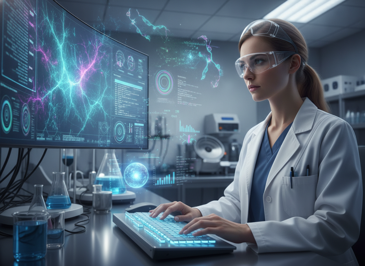 Cientista em laboratório usando computador com gráficos de IA | Imagine Company - Agência de Marketing e Vendas em Goiânia - GO - BRASIL