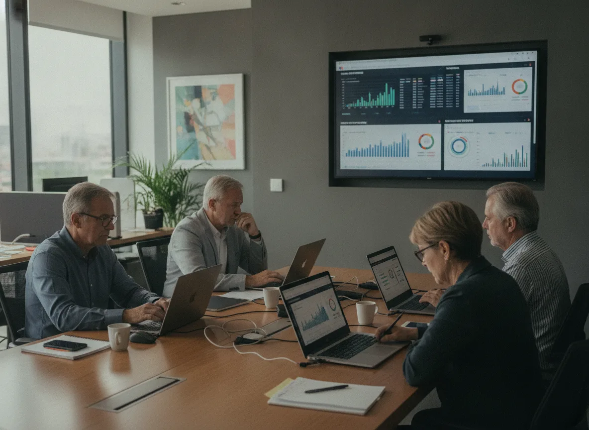 Quatro executivos em reunião analisando gráficos financeiros em uma tela | Imagine Company - Agência de Marketing e Vendas em Goiânia - GO - BRASIL