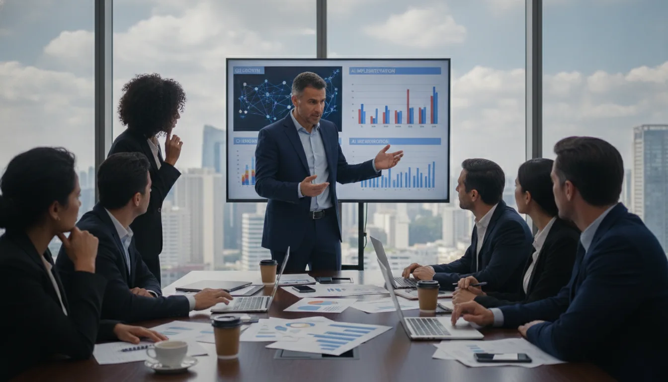 Executivo em reunião apresentando gráficos de desempenho para equipe | Imagine Company - Agência de Marketing e Vendas em Goiânia - GO - BRASIL
