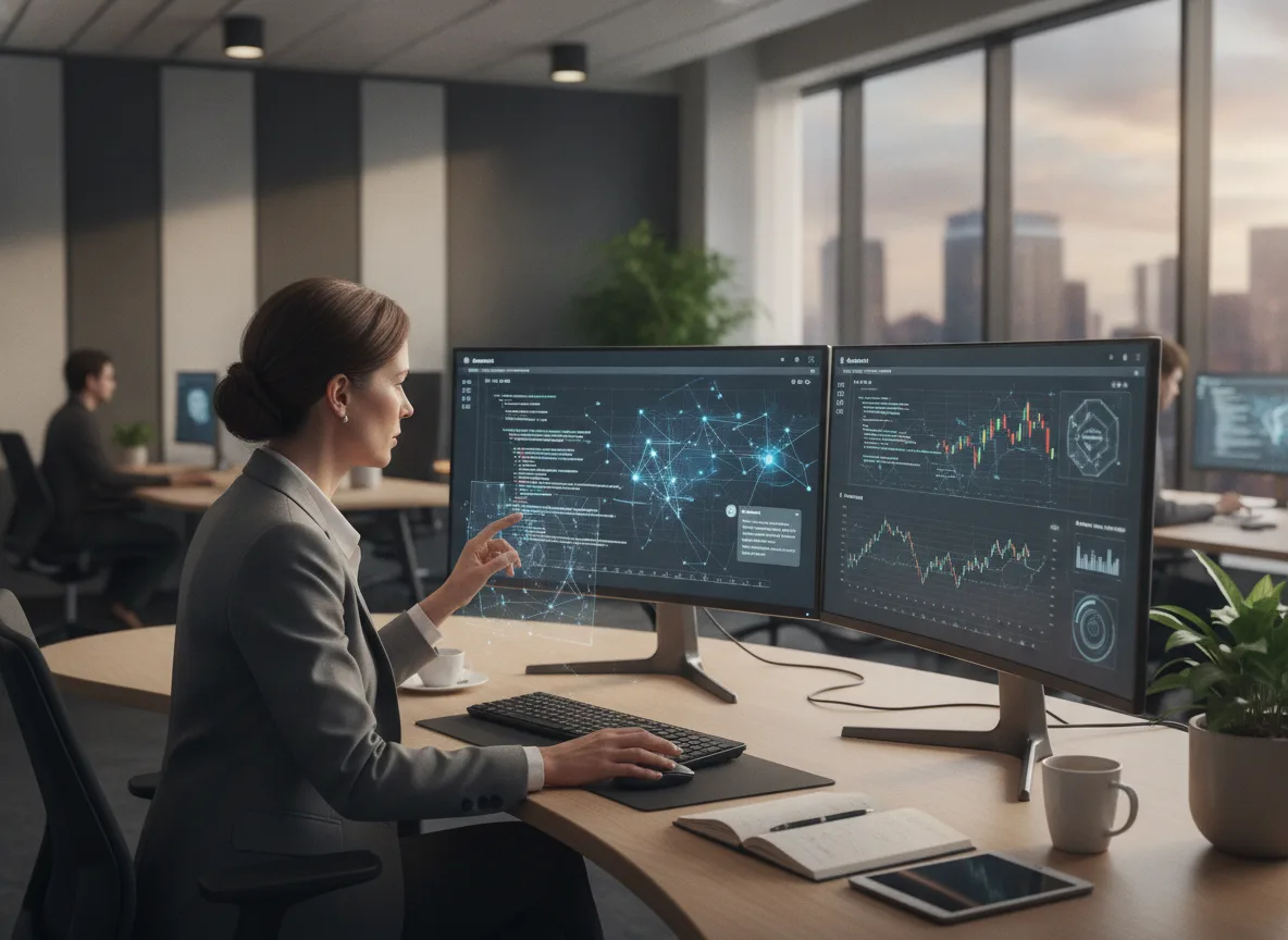 Mulher analisando dados em duas telas de computador em um escritório moderno | Imagine Company - Agência de Marketing e Vendas em Goiânia - GO - BRASIL
