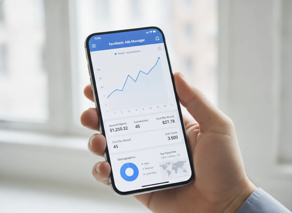 Pessoa segurando smartphone com gráfico de desempenho do Facebook Ads. | Imagine Company - Agência de Marketing e Vendas em Goiânia - GO - BRASIL
